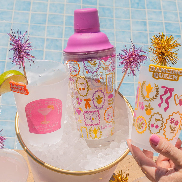 Pink-Lid Patterned Glass Cocktail Shaker