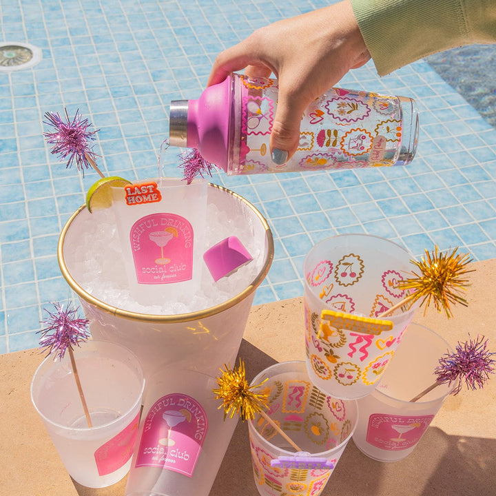 Pink-Lid Patterned Glass Cocktail Shaker