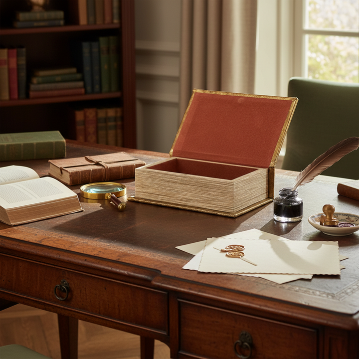 Vintage desk setup with books, inkwell, quill, and other writing implements.