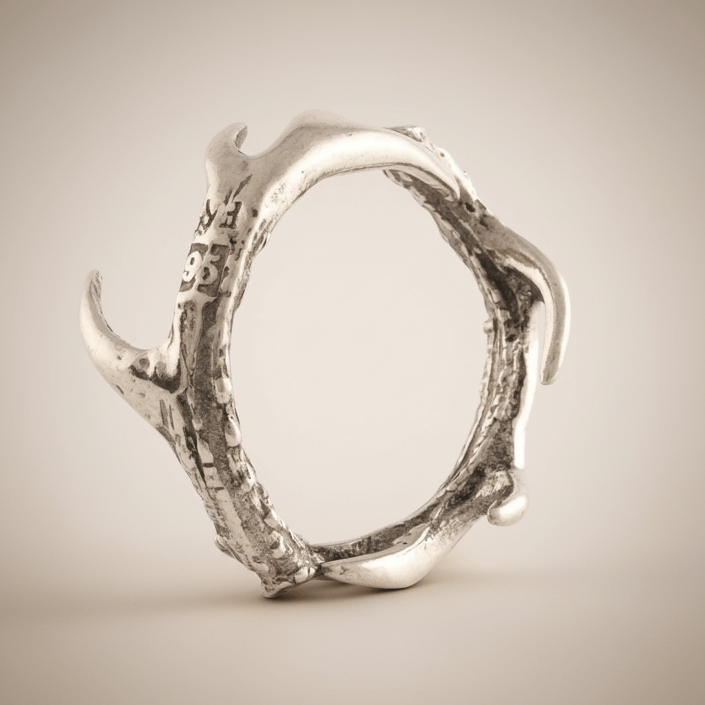 Silver antler-shaped napkin ring on a beige background