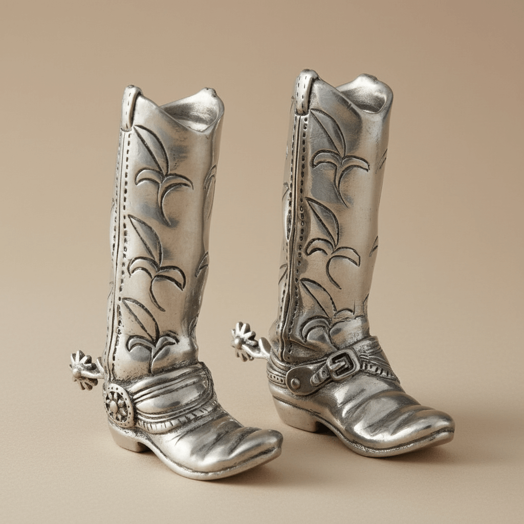 Pair of silver cowboy boot salt and pepper shakers on a beige background