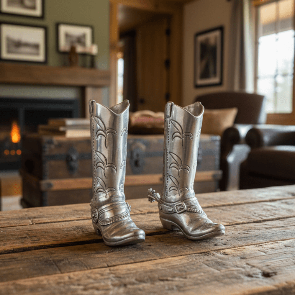 Silver cowboy boots salt and pepper shakers on a wooden table in a cozy living room with a fireplace.
