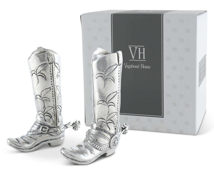 Silver cowboy boots salt and pepper shakers with 'VH' branding in the background