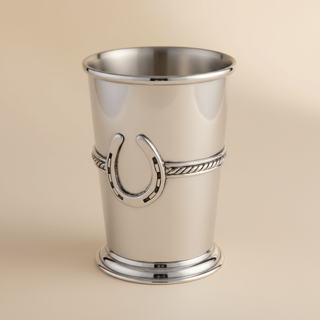 Silver mint julep cup with a horseshoe design on a beige background