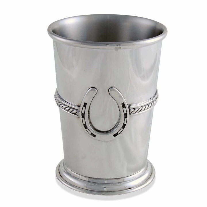 Silver mint julep cup with a horseshoe design on a white background