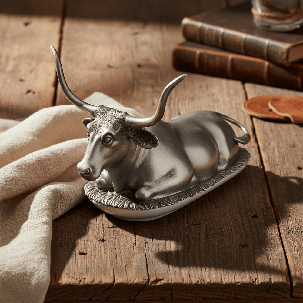 Decorative cow-shaped butter dish on a wooden surface with books and a glass in the background.