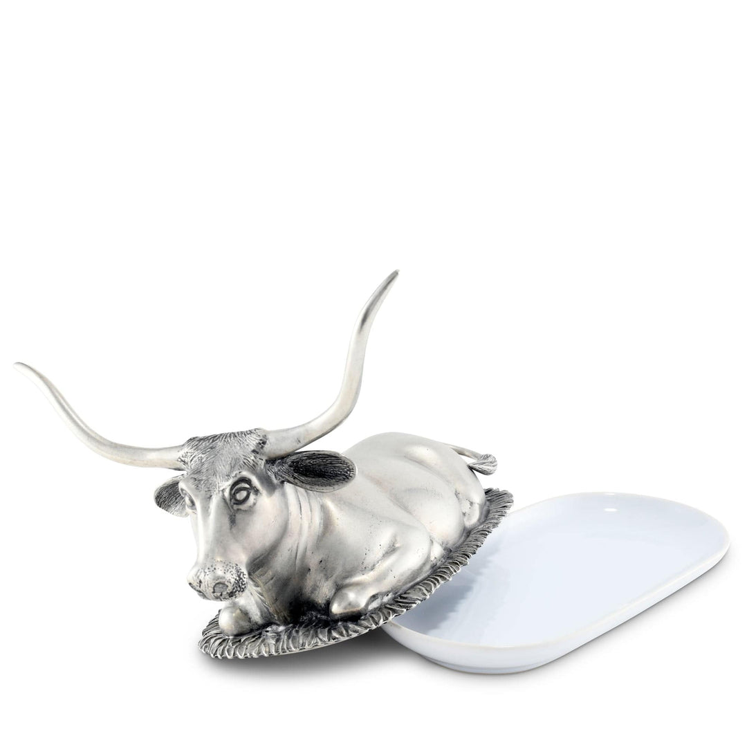 Silver longhorn bull decorative butter dish on a white background
