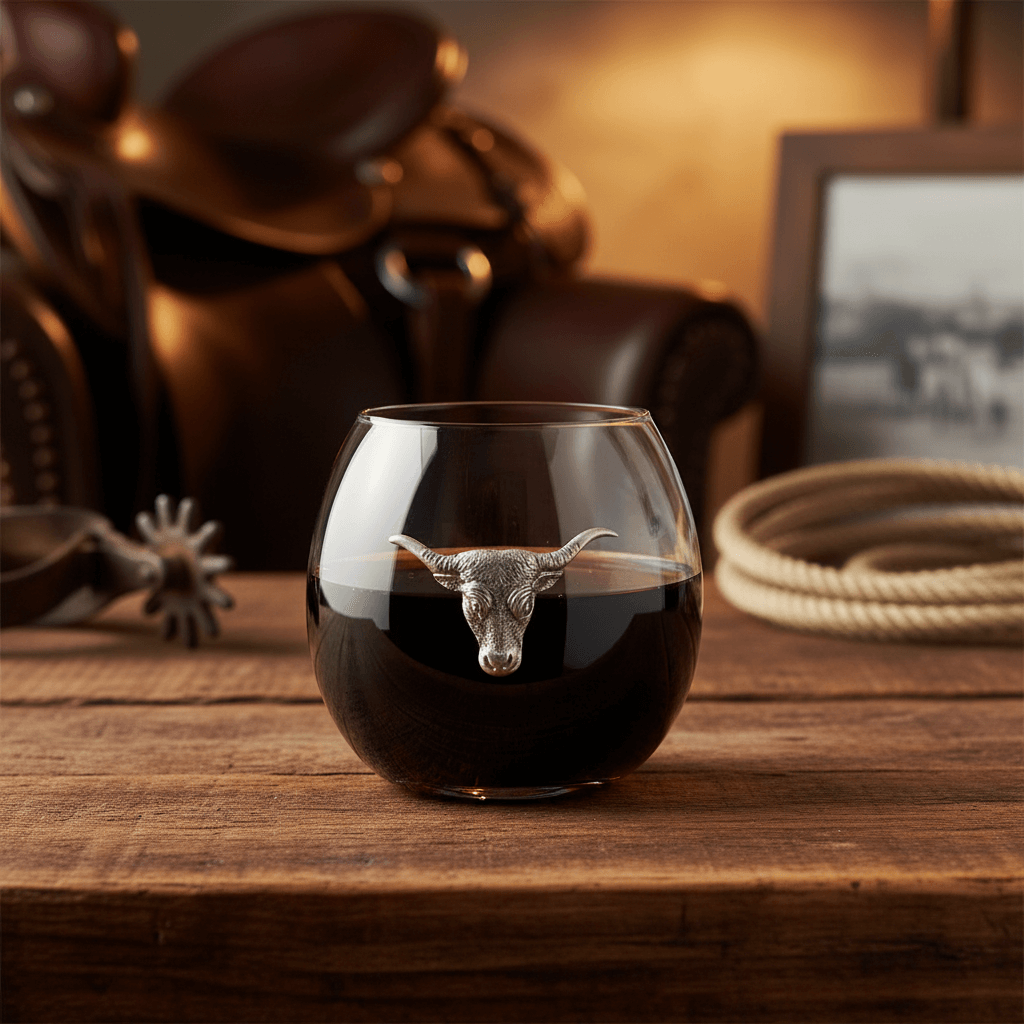 Glass with bull emblem on a wooden table with cowboy-themed background