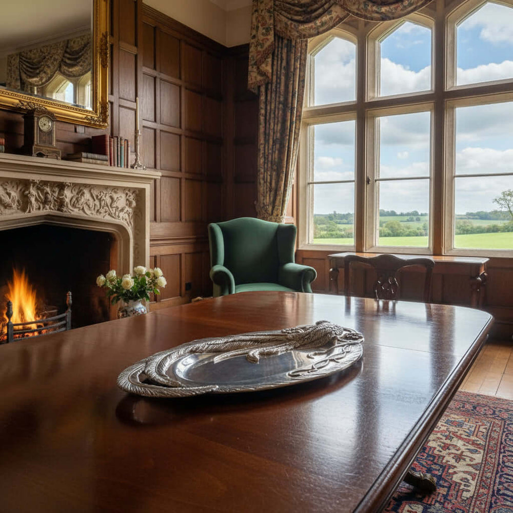 Pewter Pheasant Feather Oval Serving Tray placed on a dining table in an English country manor
