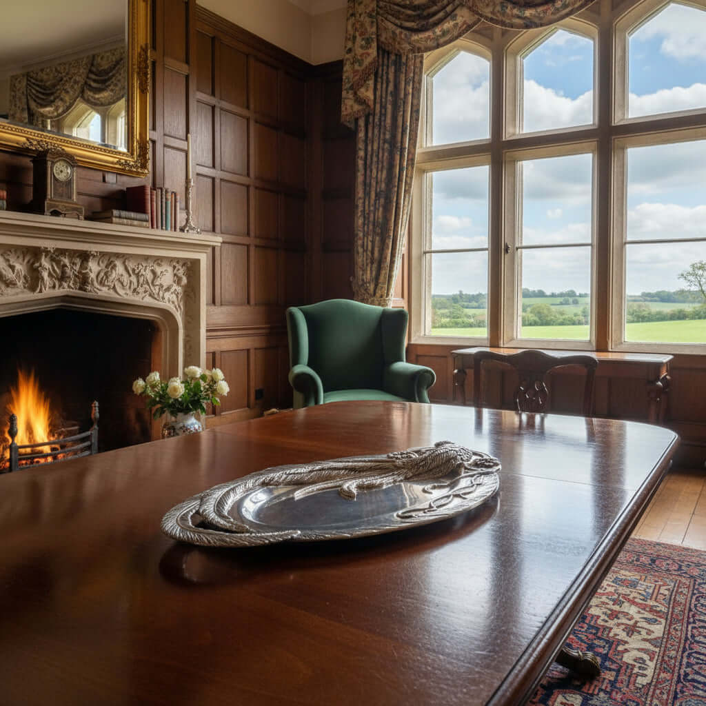 Pewter Pheasant Feather Oval Serving Tray placed on a dining table in an English country manor