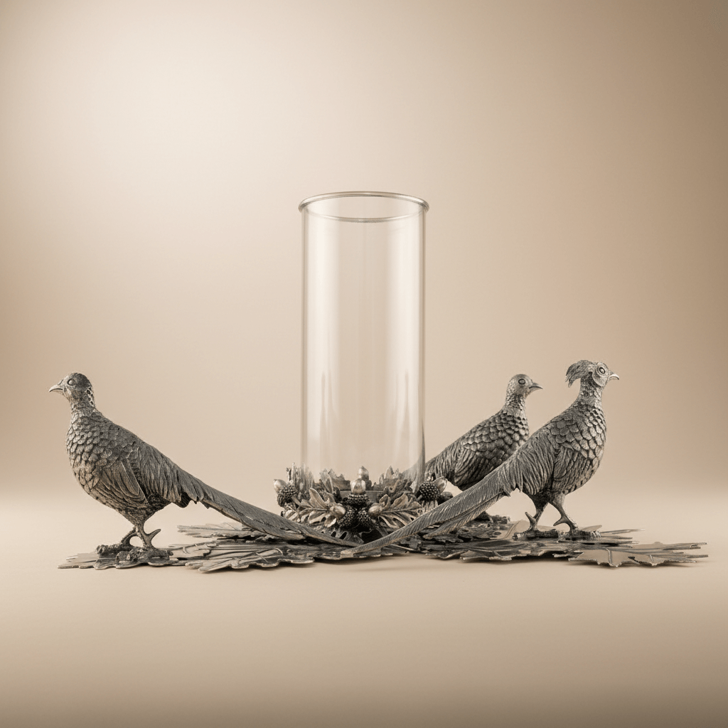 Decorative candle holder with metal bird sculptures on a beige background