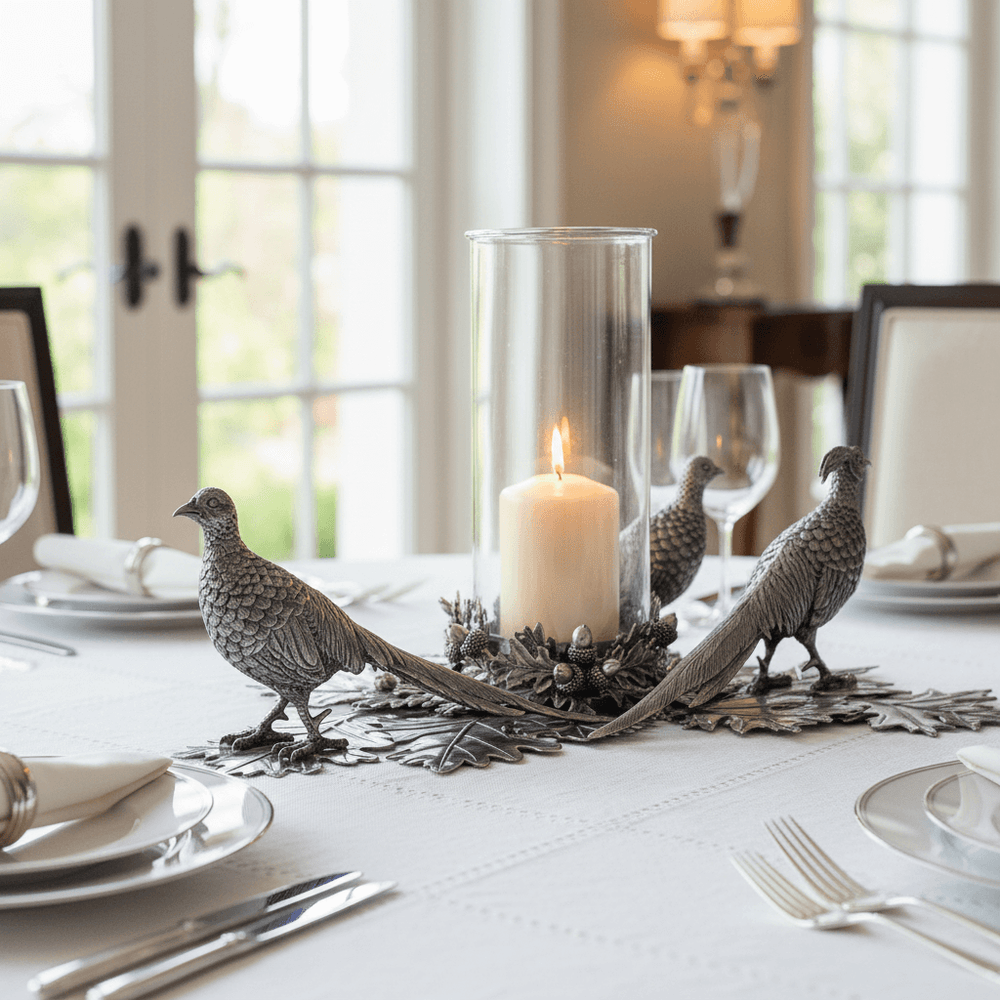 Decorative table setting with candles, birds, and silverware in a dining room.