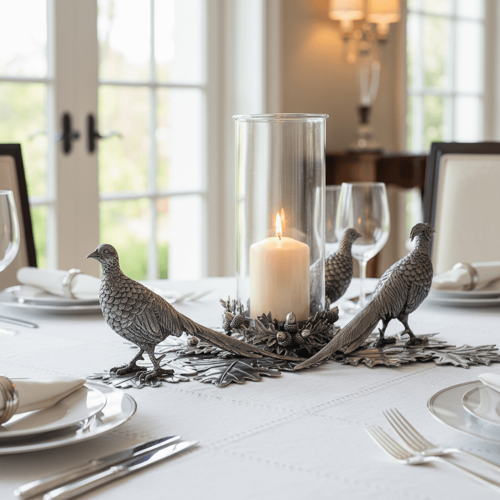 Decorative table setting with candles, birds, and silverware in a dining room.