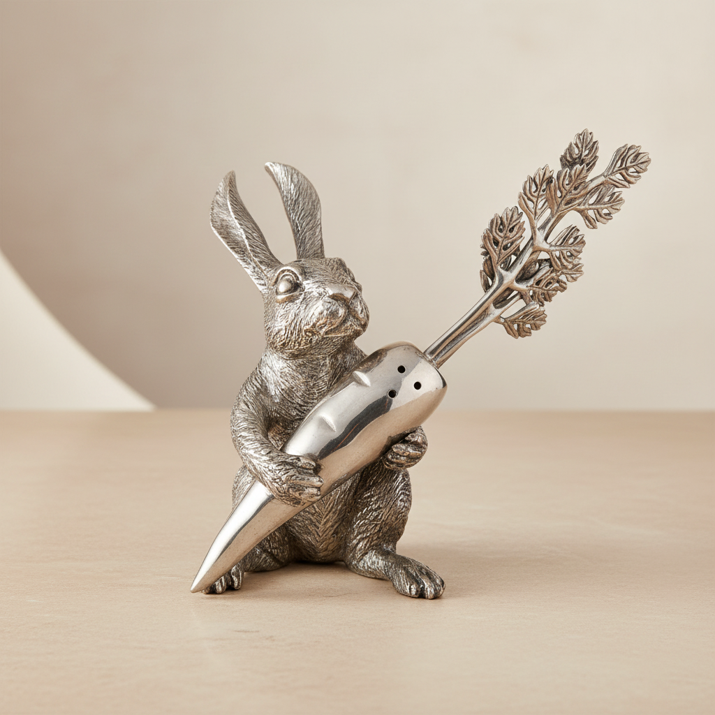 Silver rabbit figurine holding a carrot on a beige background