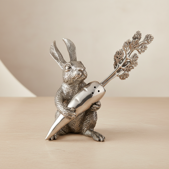 Silver rabbit figurine holding a carrot on a beige background