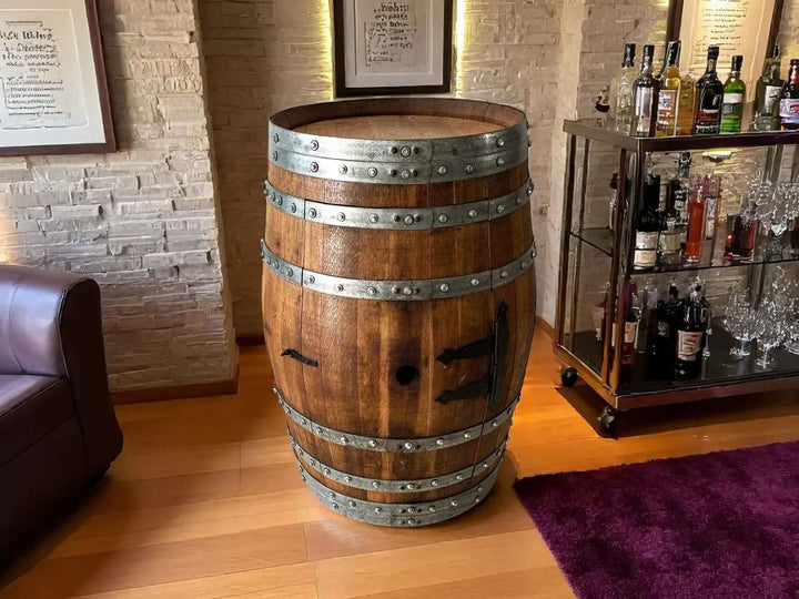 Reclaimed Bourbon Wine Barrel Cabinet with Stemware Storage