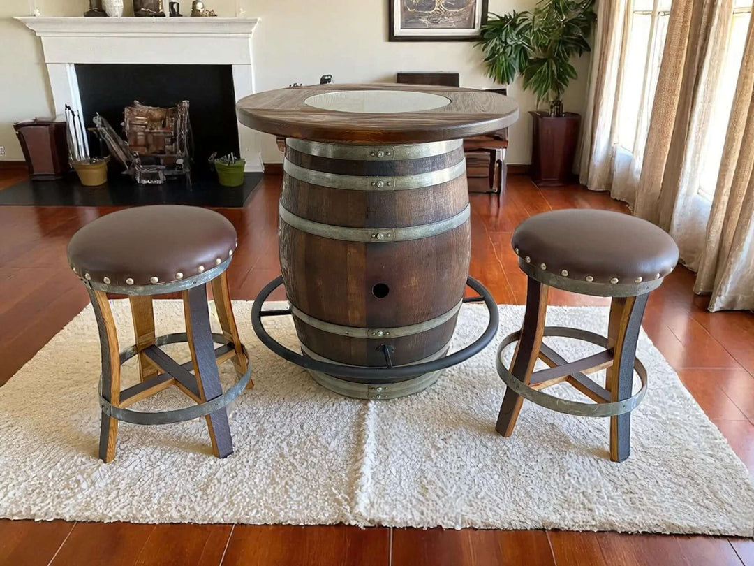 Reclaimed Oak Wine Barrel Bistro Table Set with Bar Stools