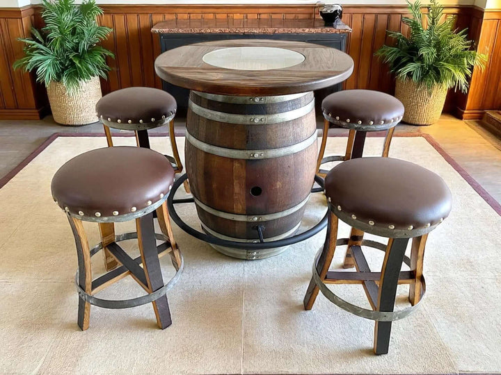 Reclaimed Oak Wine Barrel Bistro Table Set with Bar Stools