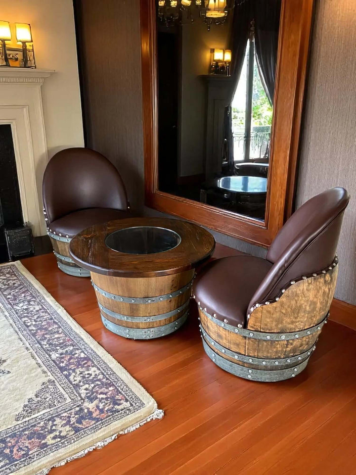 Reclaimed Wine Barrel Coffee Table Set with Two Chairs