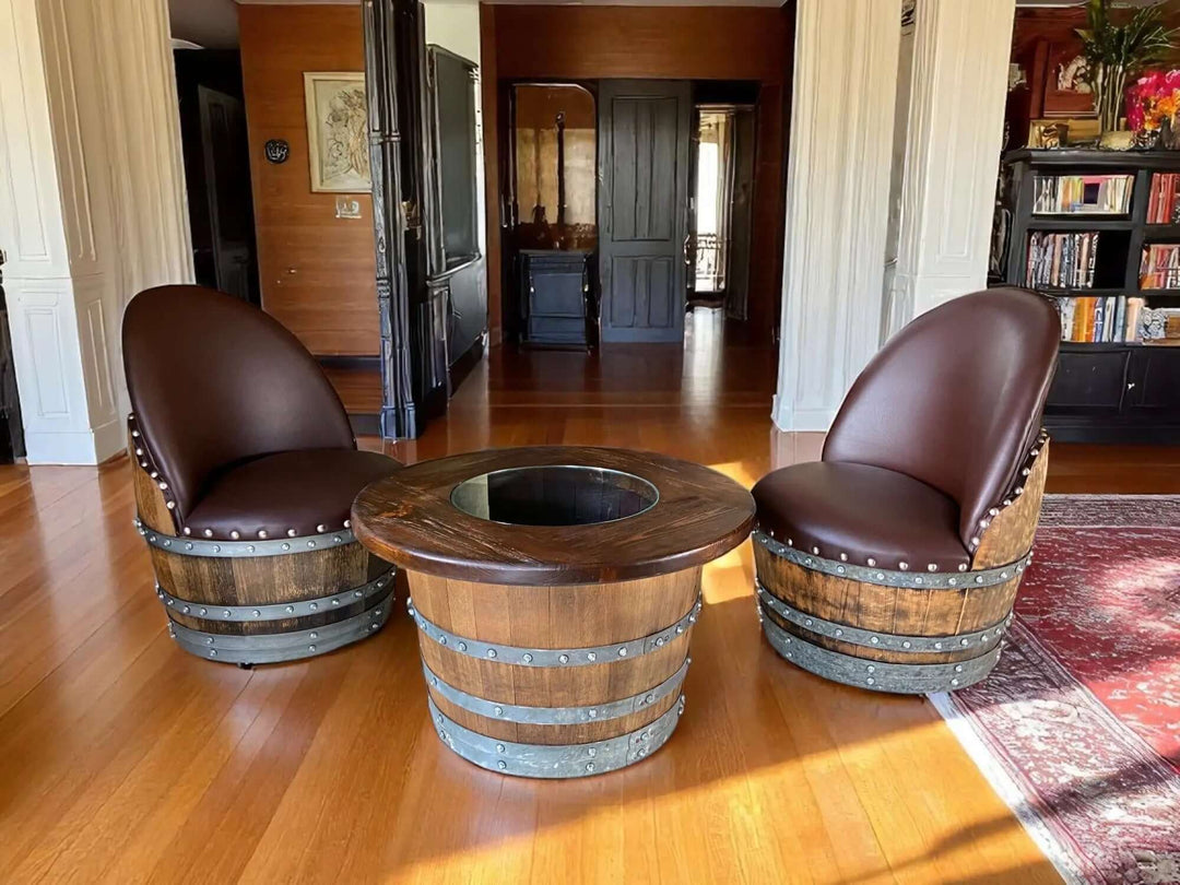 Reclaimed Wine Barrel Coffee Table Set with Two Chairs