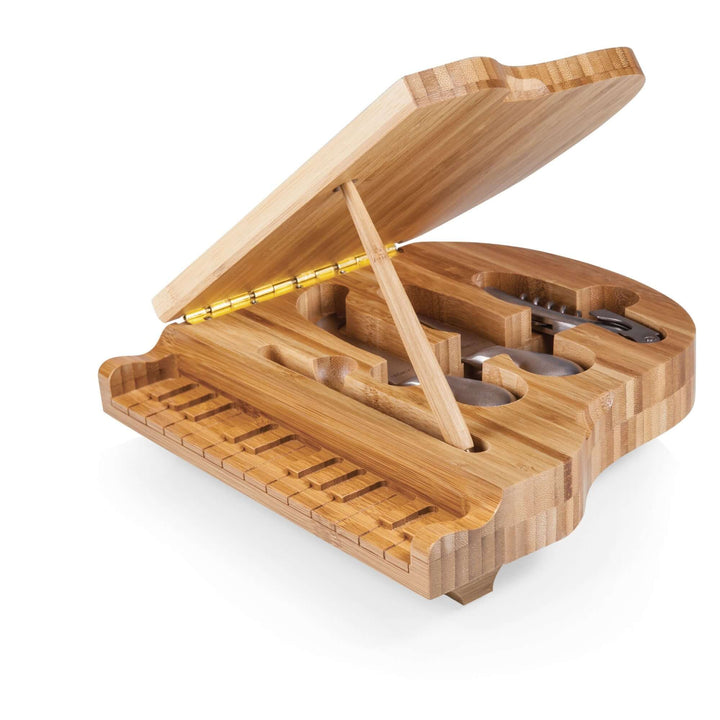 Piano Cheese Board and Knife Set made from bamboo, shaped like a grand piano with split-level design, featuring compartments for knives.