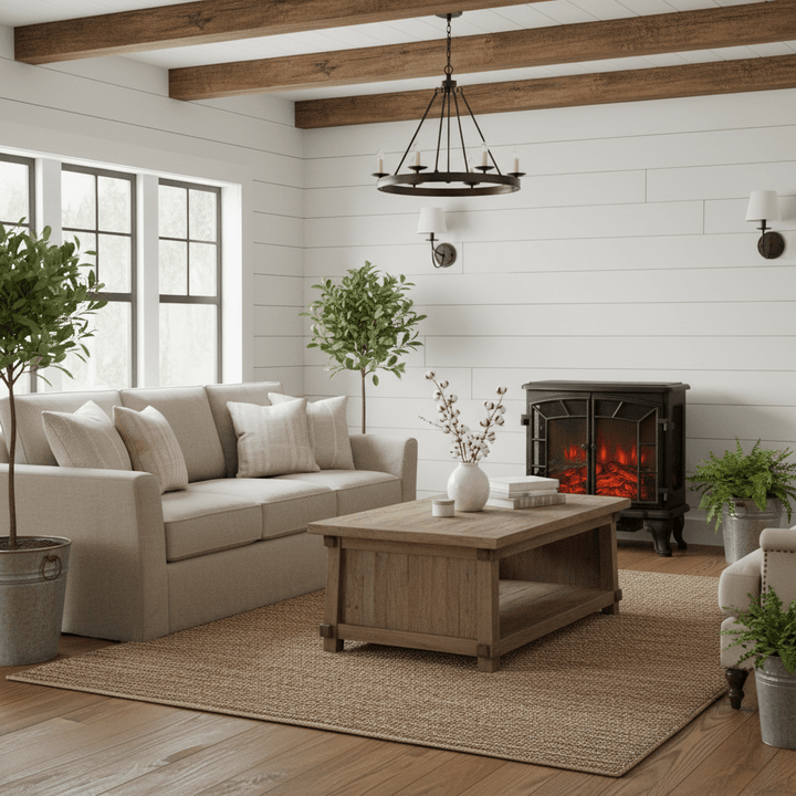 Cozy living room with a fireplace, sectional sofa, and wooden coffee table.