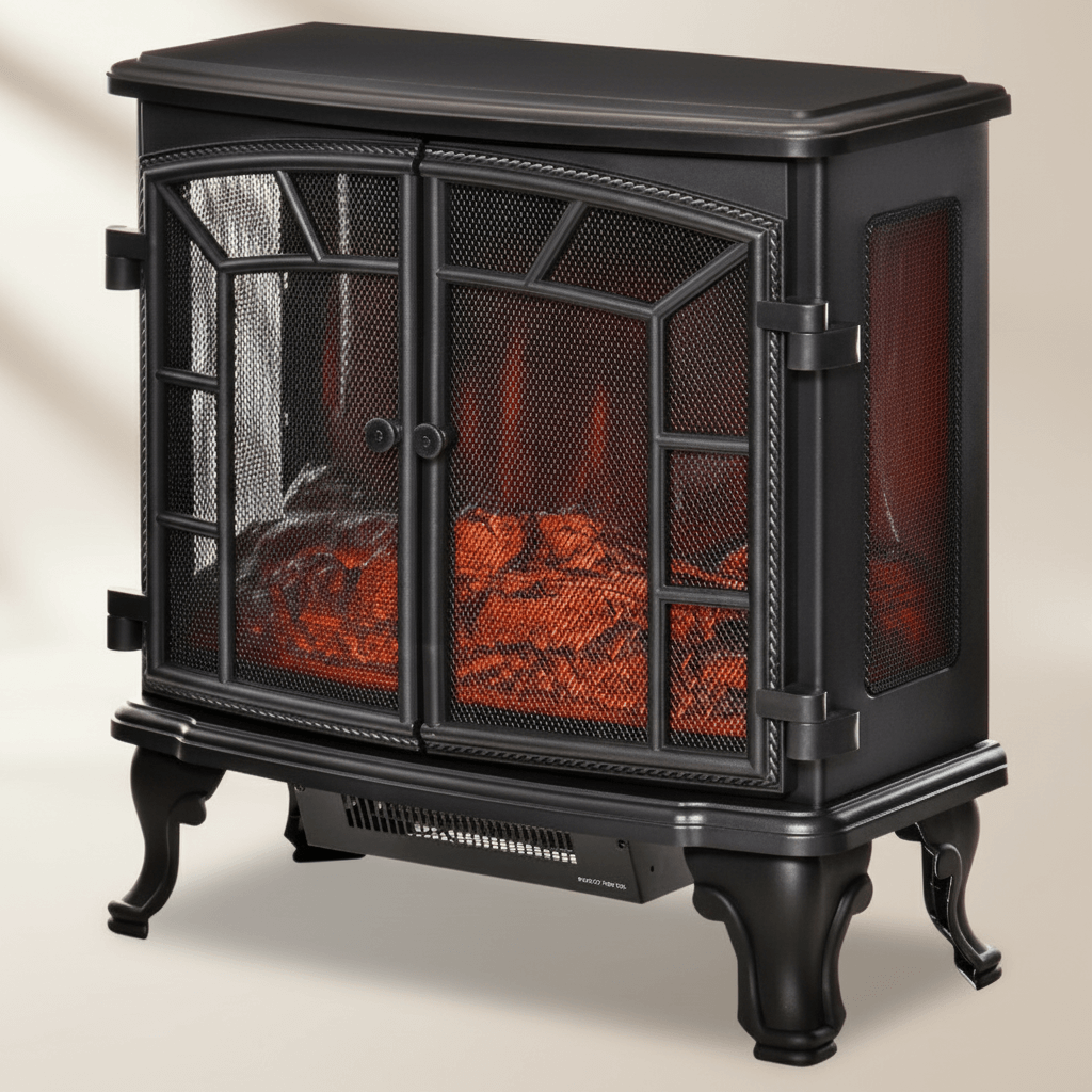 Black electric fireplace heater with glowing interior on a beige background