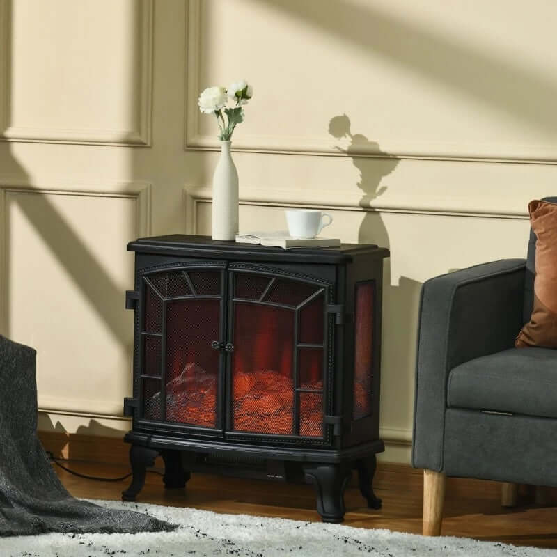 Electric fireplace heater in a room with a gray armchair and decorative items.