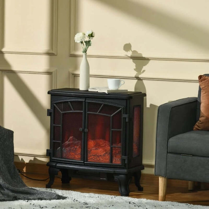 Electric fireplace heater in a room with a gray armchair and decorative items.