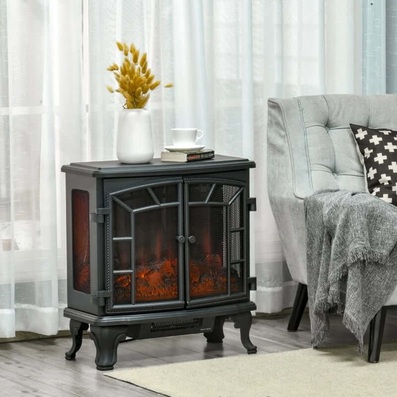 Electric fireplace heater in a living room setting with a chair and decorative items.