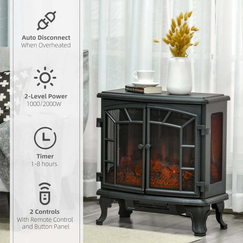 Electric fireplace with features listed on the left and a cozy setting with a cup and vase.