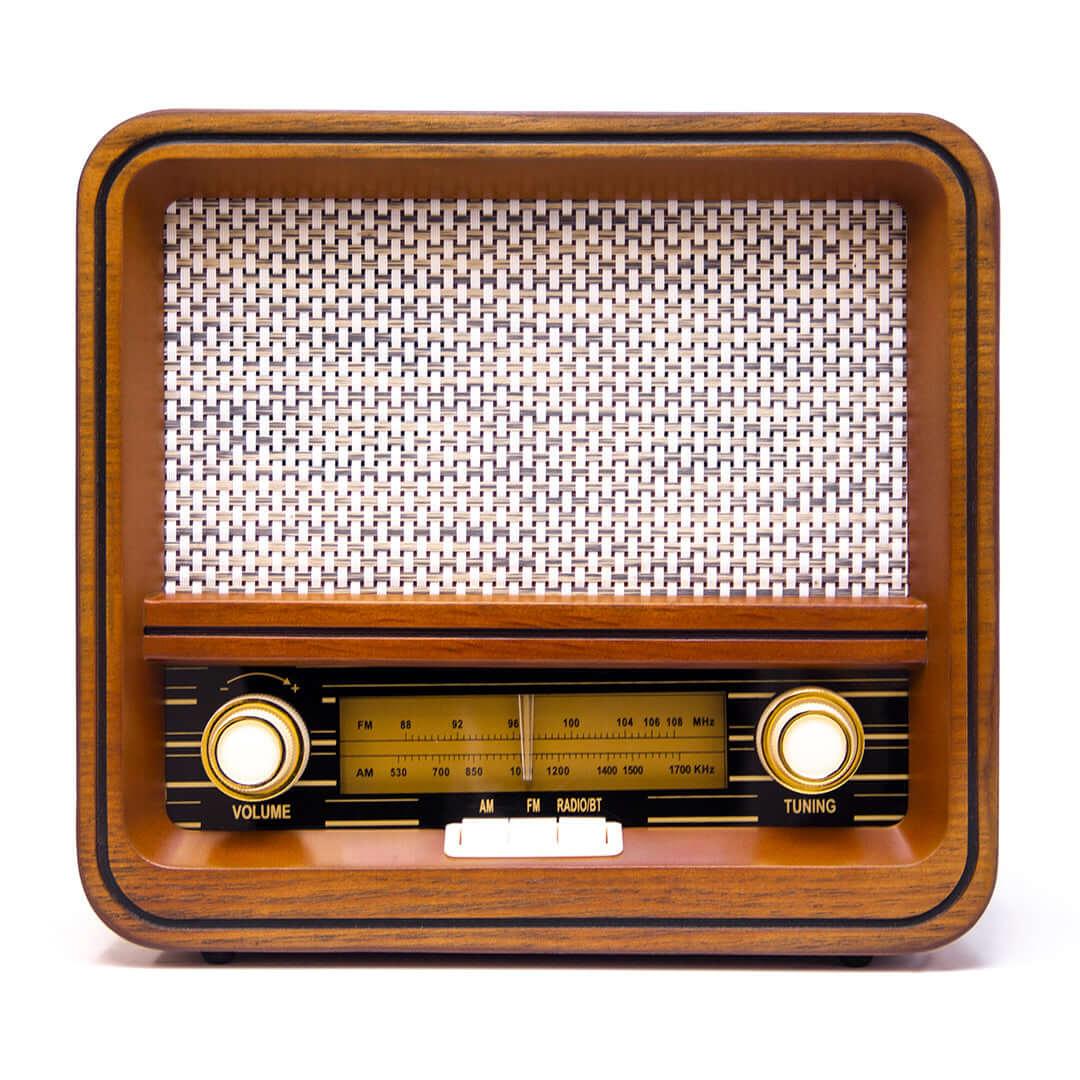 Vintage-style radio with wooden casing on a white background
