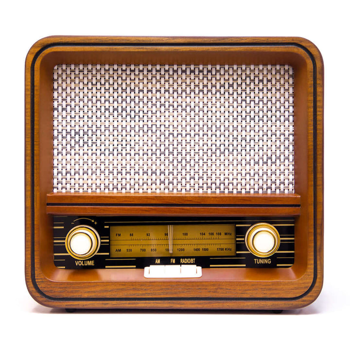 Vintage-style radio with wooden casing on a white background