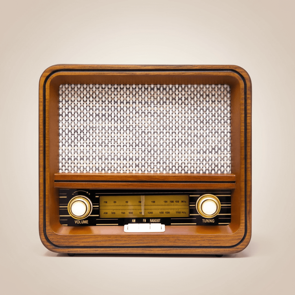 Vintage-style radio with wooden casing on a beige background