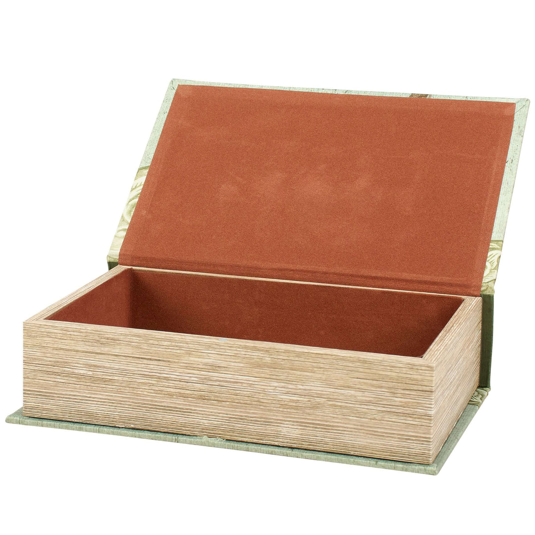 Wooden box with a brown interior lid on a white background