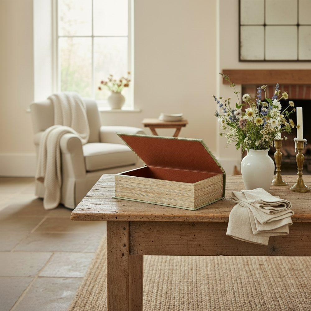 Living room with a wooden table, open book, flowers, and candles.