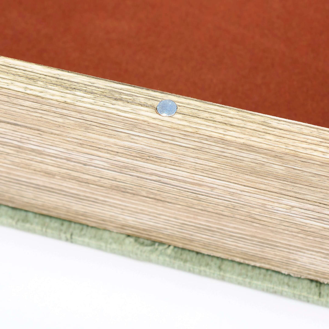 Close-up of a wooden surface with a metal screw on a white background