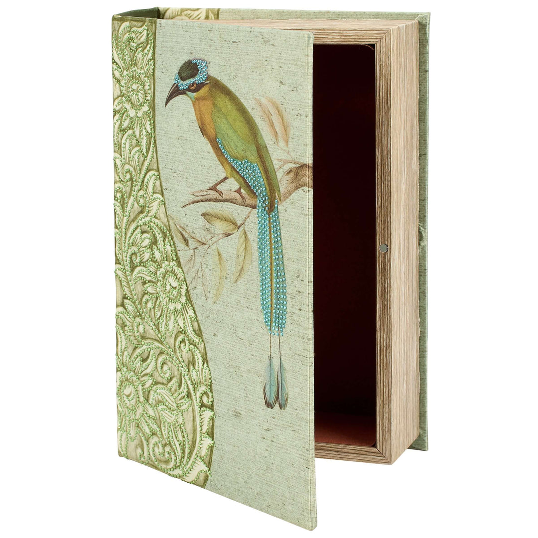 Decorative book with a bird illustration on a white background