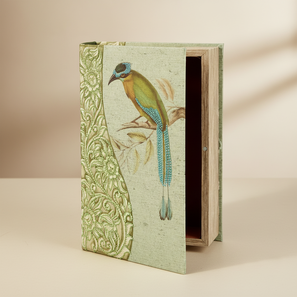Decorative storage box with a bird illustration on a beige background
