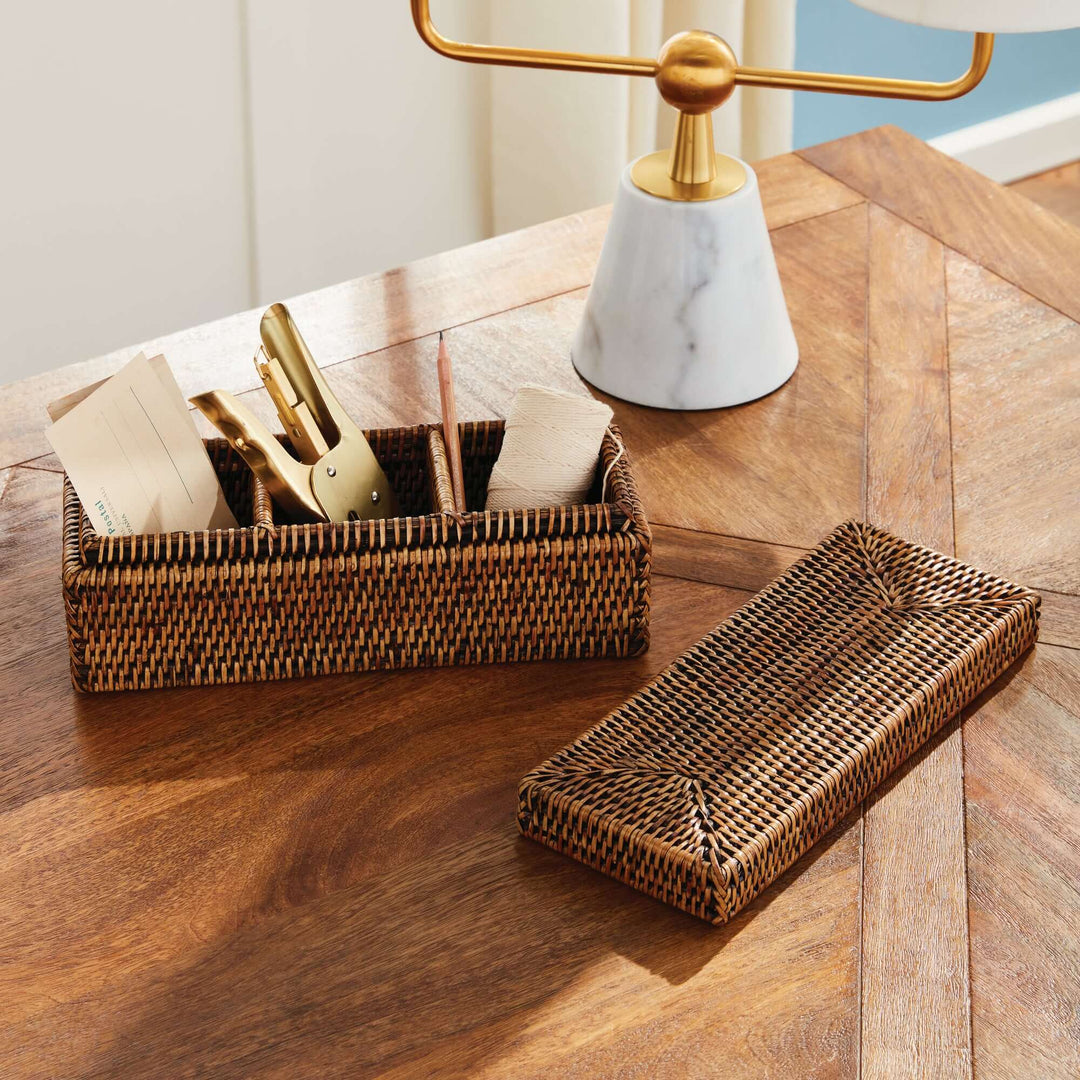 Rattan Desk Organizer with Lid and Compartments in brown, on desk filled with office supplies