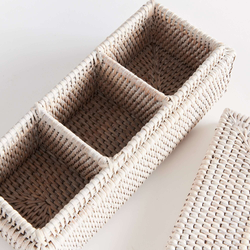 Rattan Desk Organizer with Lid and Compartments in white with lid removed showing three compartments