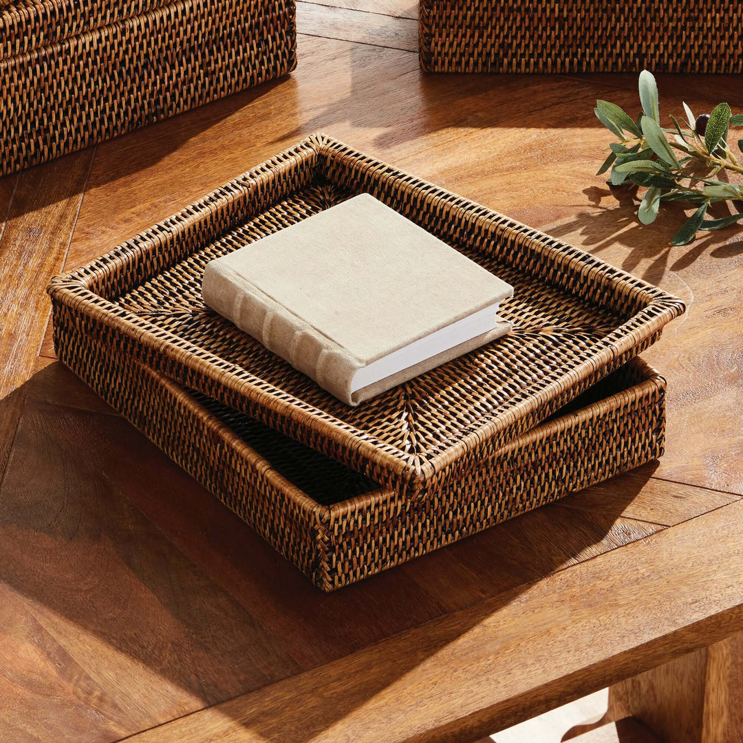 Brown Rattan Lidded Letter Box for Home Office, placed on desk