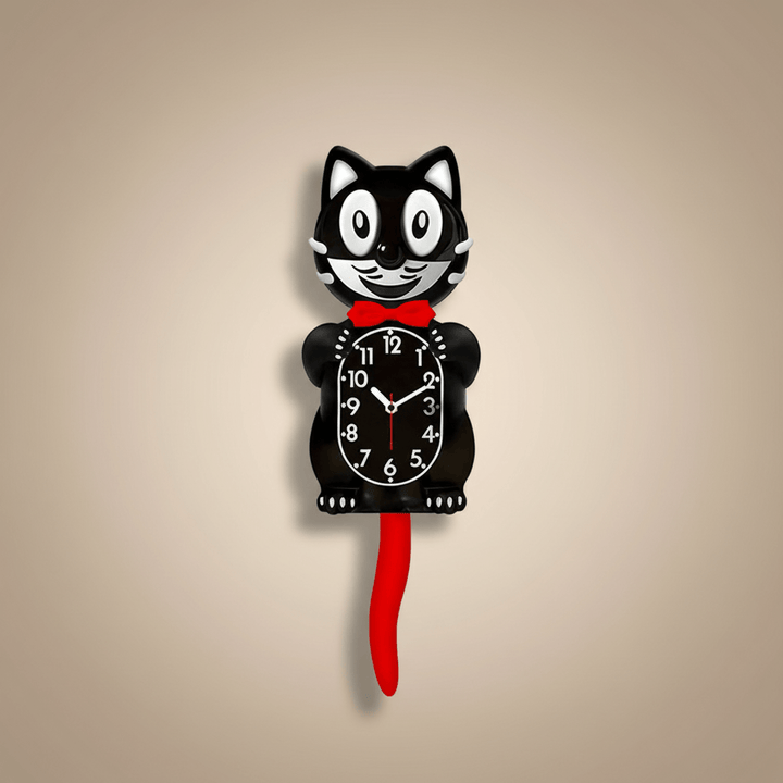 Cat-shaped wall clock with a red tail on a beige background