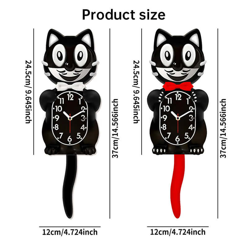 Dimensions of a black cat-shaped clock with a red tail on a white background