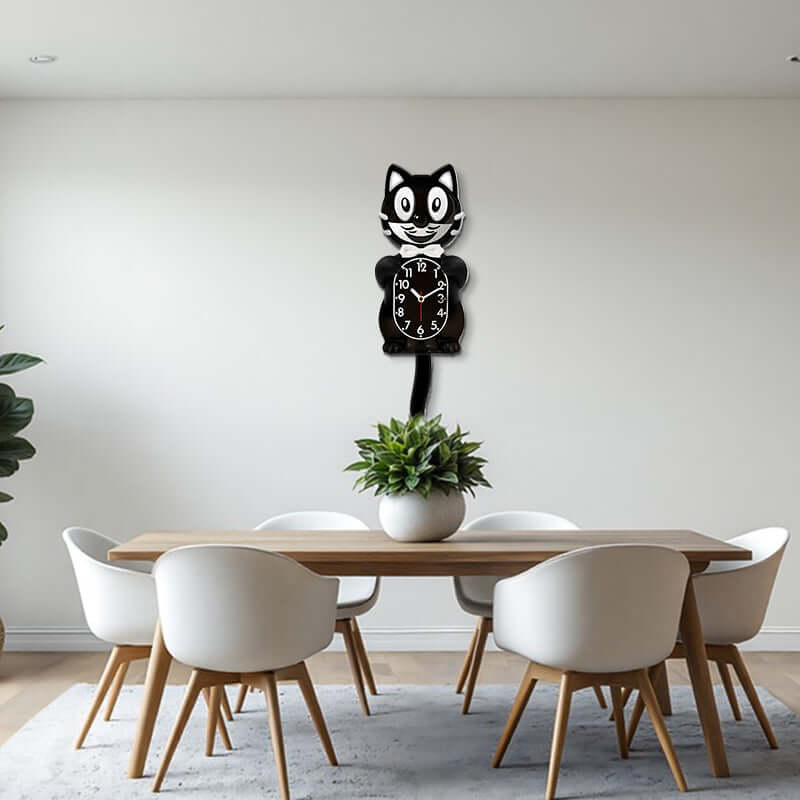 Dining room with a wooden table and white chairs, featuring a unique wall clock shaped like a cat.