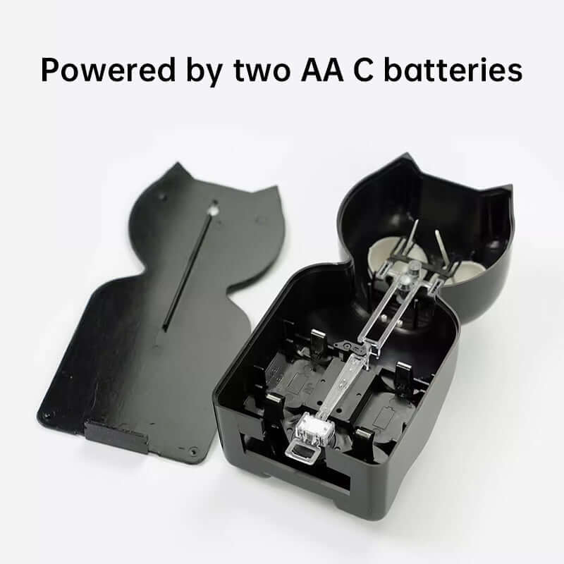 Mechanical device with a black cat-shaped cover on a white background, labeled 'Powered by two AA C batteries'.