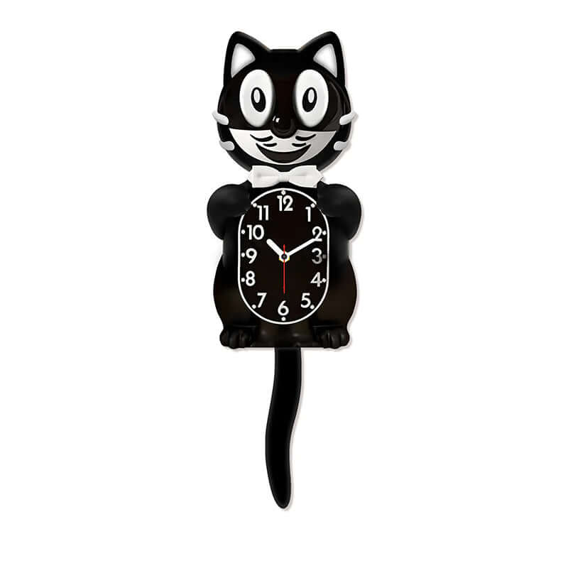 Black cat-shaped clock with a white bow tie on a white background
