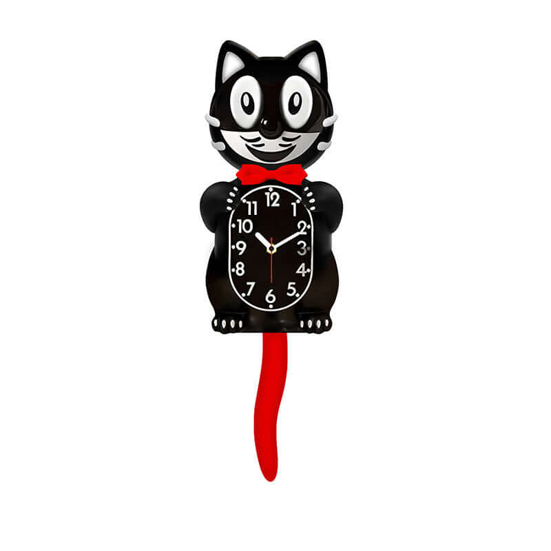 Cat-shaped clock with a red tail on a white background