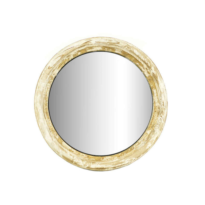 Round distressed wood wall mirror with antique finish, perfect for rustic and vintage home decor.