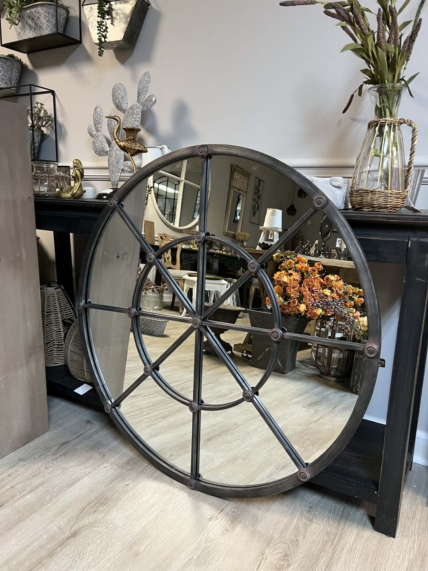 Round Industrial Grid Wall Mirror | Large Vintage Windowpane